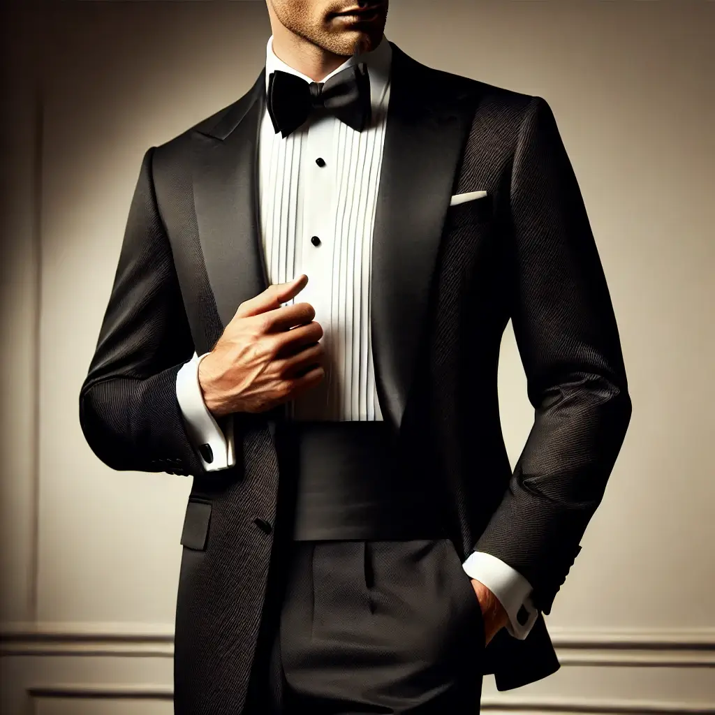 Tuxedo, bow tie, and polished black shoes