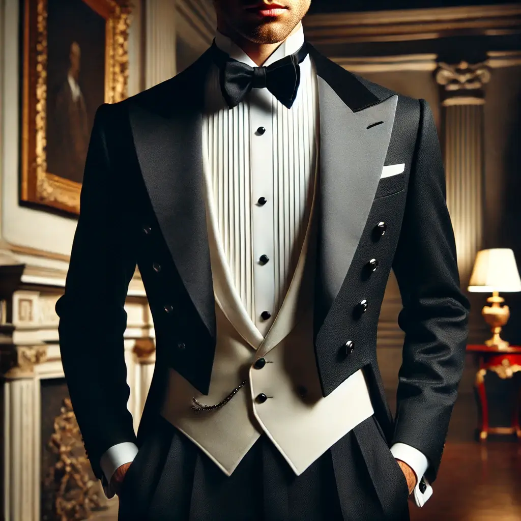 a man with Tailcoat, white waistcoat, white bow tie, and patent leather shoes