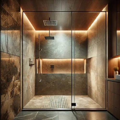 9. Frameless Glass and Stone Combination