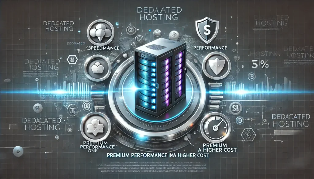 A high-quality, visually engaging infographic illustrating 'Dedicated Hosting_ Premium Performance at a Higher Cost.