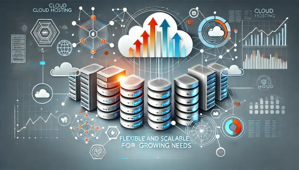 A modern, visually engaging infographic illustrating 'Cloud Hosting_ Flexible and Scalable for Growing Needs.