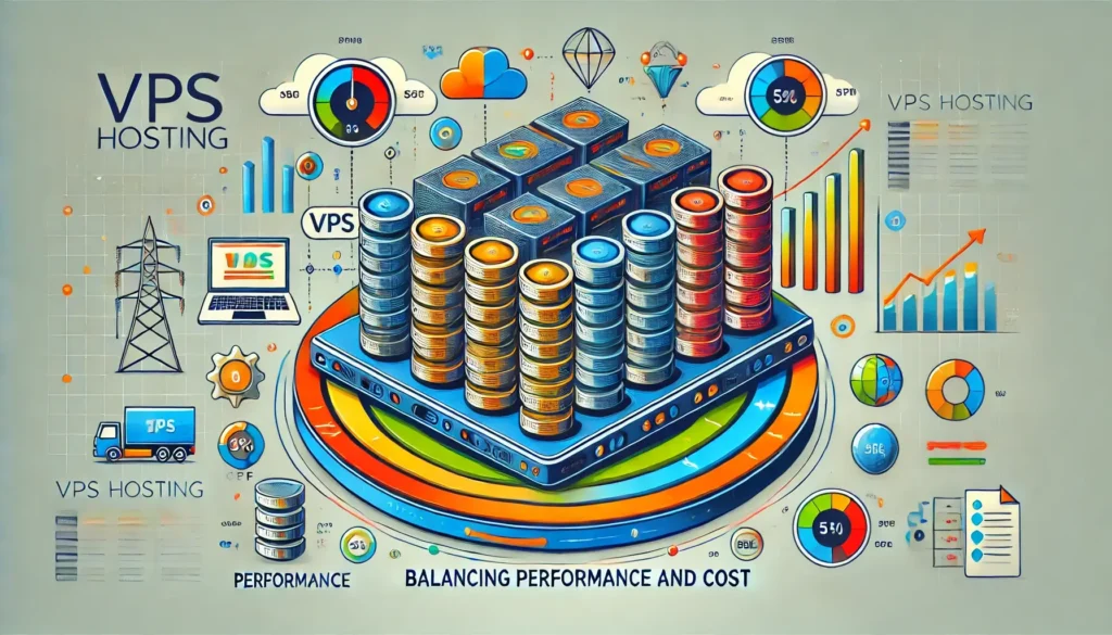 A visually appealing, colorful infographic illustrating 'VPS Hosting_ Balancing Performance and Cost.