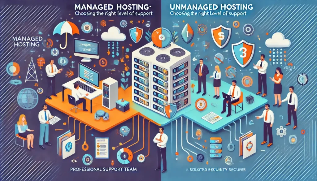 A visually engaging infographic illustrating 'Managed vs. Unmanaged Hosting_ Choosing the Right Level of Support.