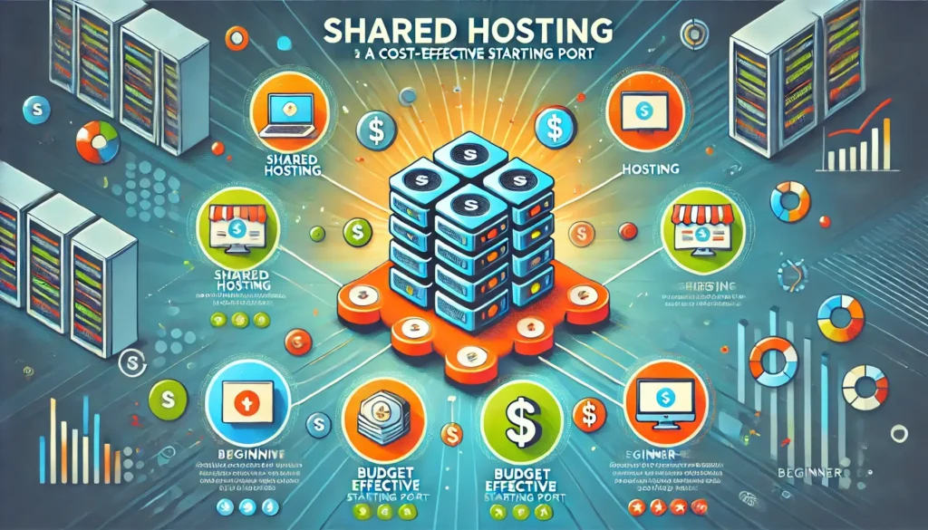 An eye-catching, colorful infographic illustrating 'Shared Hosting_ A Cost-Effective Starting Point.' The image features a single server hosting