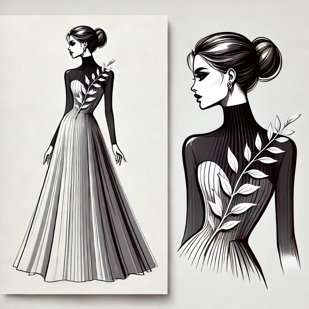 - A stylish digital illustration showcasing a high-neckline dress.