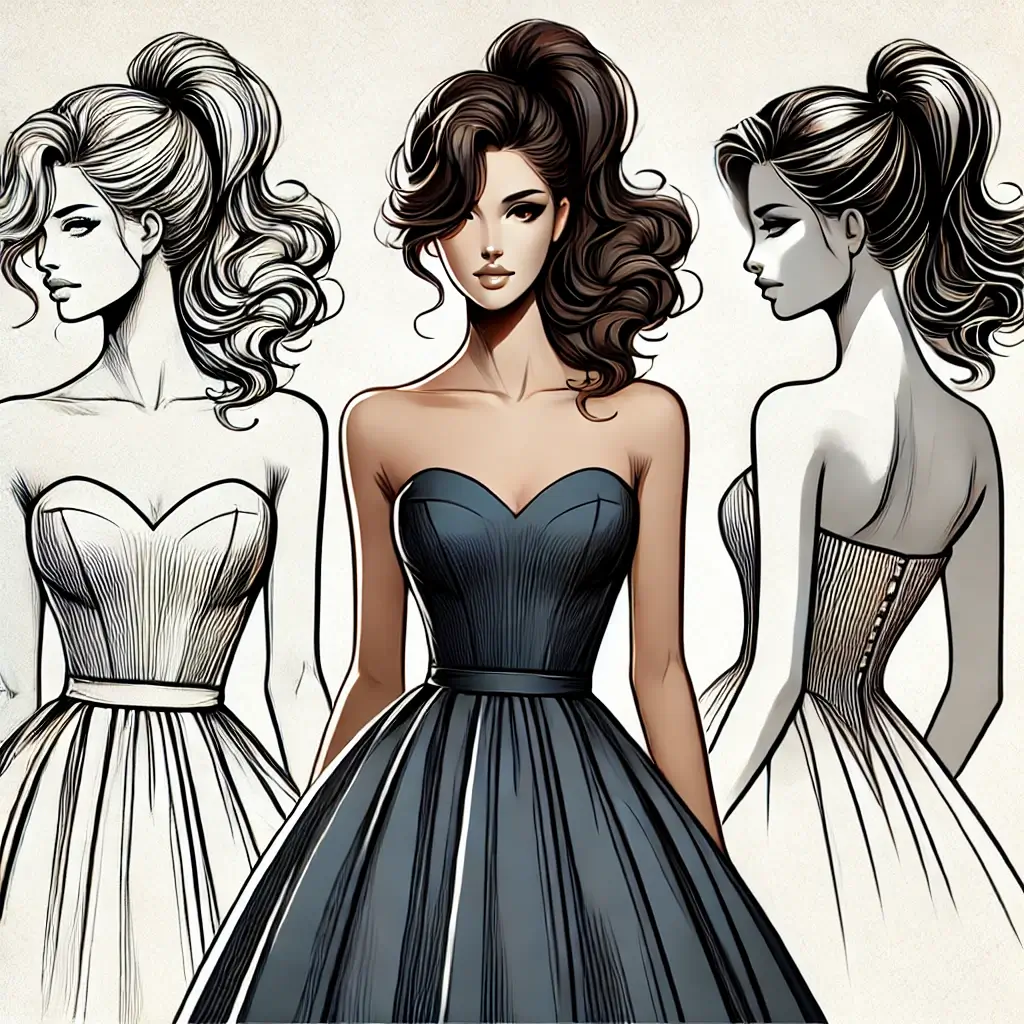 A stylish digital illustration showcasing a strapless neckline dress.