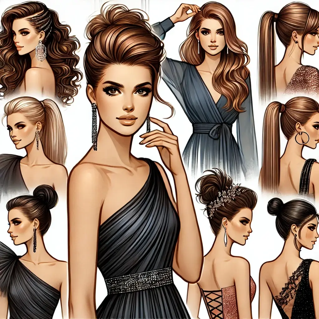 A stylish digital illustration showcasing the best hairstyles for one-shoulder dresses.