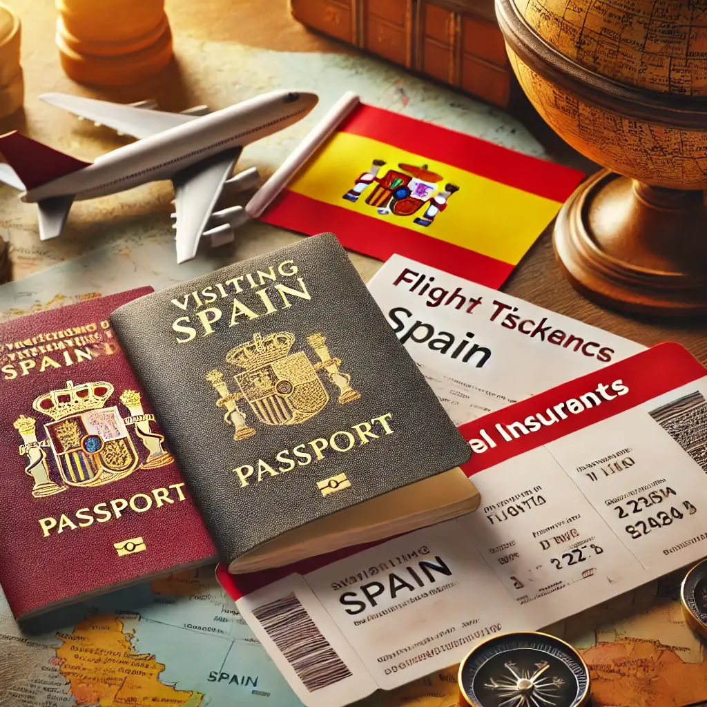 A travel-themed image representing 'Essential Documents for Visiting Spain'. The scene includes a close-up of a table with a neatly arranged passport