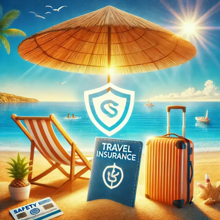 A travel-themed image representing 'Holiday Insurance Spain'. The image features a Spanish beach with golden sand, blue sea, sun.