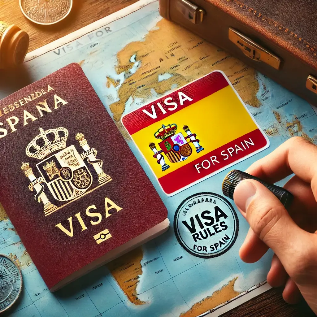 A travel-themed image representing 'Visa Rules for Spain'. The scene features a close-up of a visa document with a Spanish flag, a passport,