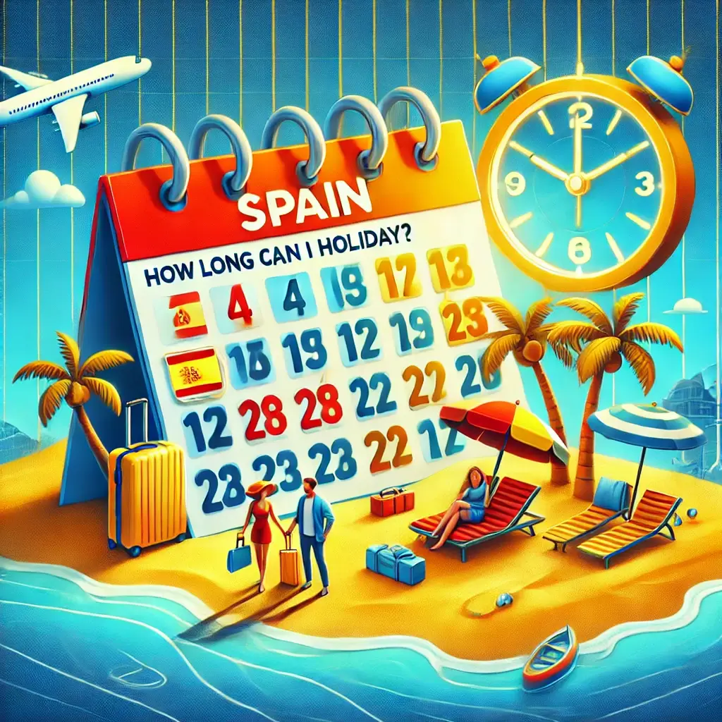 How Long Can I Holiday in Spain_'. The scene shows a calendar with marked vacation dates on a Spanish beach